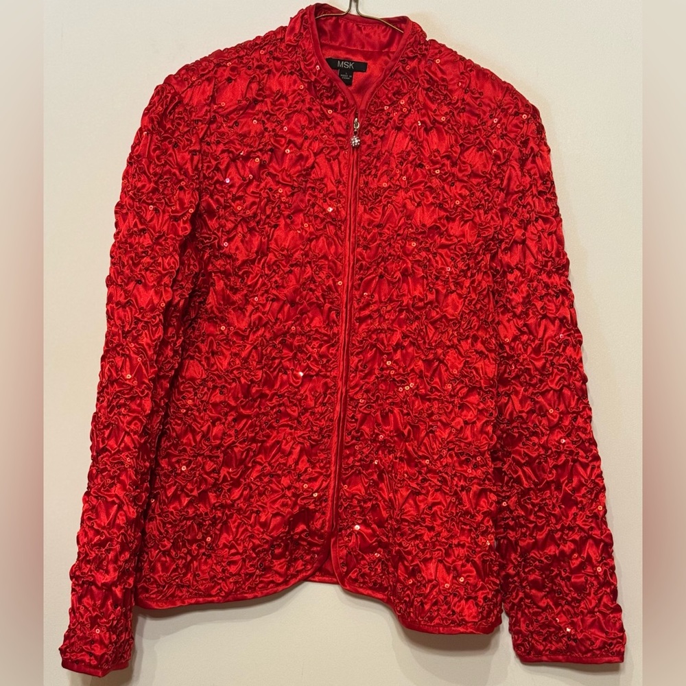 MSK Vibrant Red Sequin Ruched Zipper Front Jacket Size L GUC